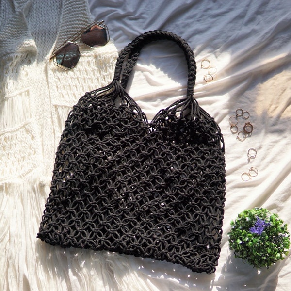 Black Crochet Tote Bag - Woven Beach Bag, Stylish Crochet Tote for Women, Versatile Beach Tote with Net Design, Chic & Practical String Bag