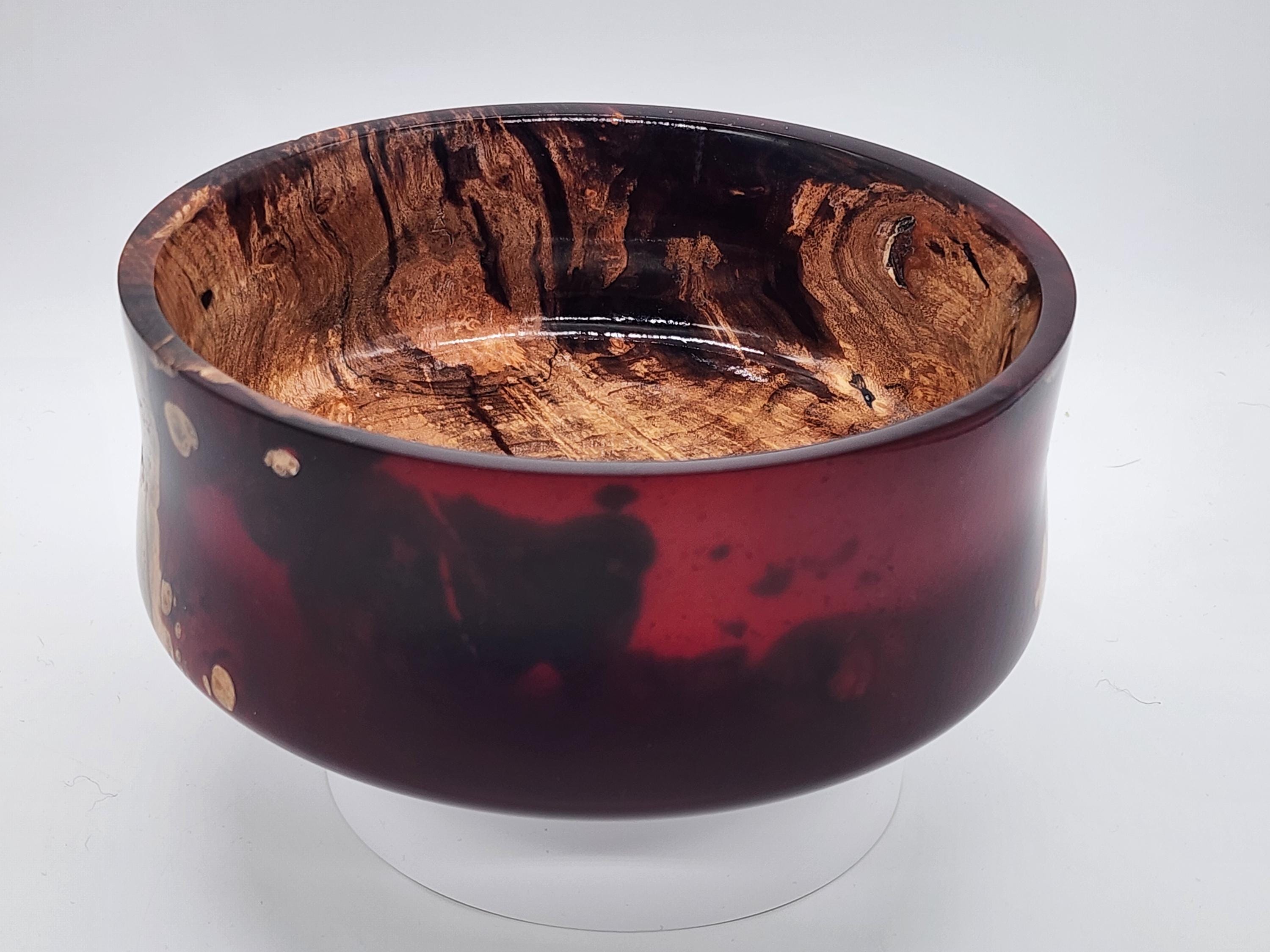 Big Leaf Maple Burl Bowl: Red Resin Decorative Bowl (7.25 in)