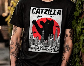 Catzilla Shirt, Retro Kaiju Cat Graphic Tee, Japanese Monster Unisex and Funny T-Shirt