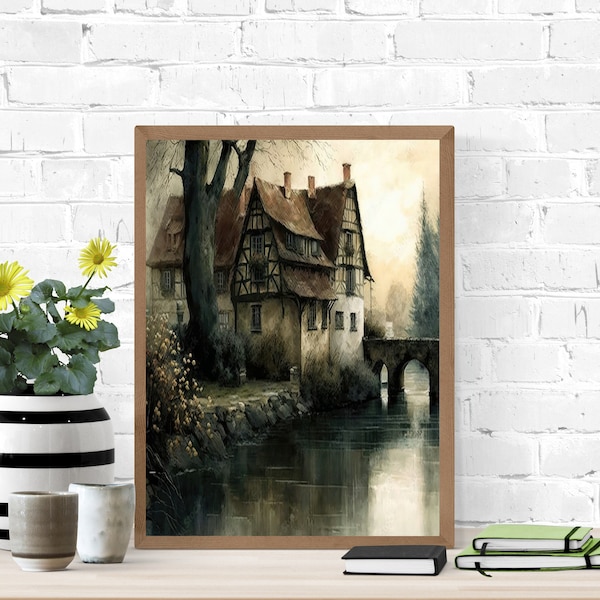 French Vintage Oil Painting Original Cozy Cascade - French Country - Cottage Core - Farmhouse - Digital Download - Printable Wall Ar