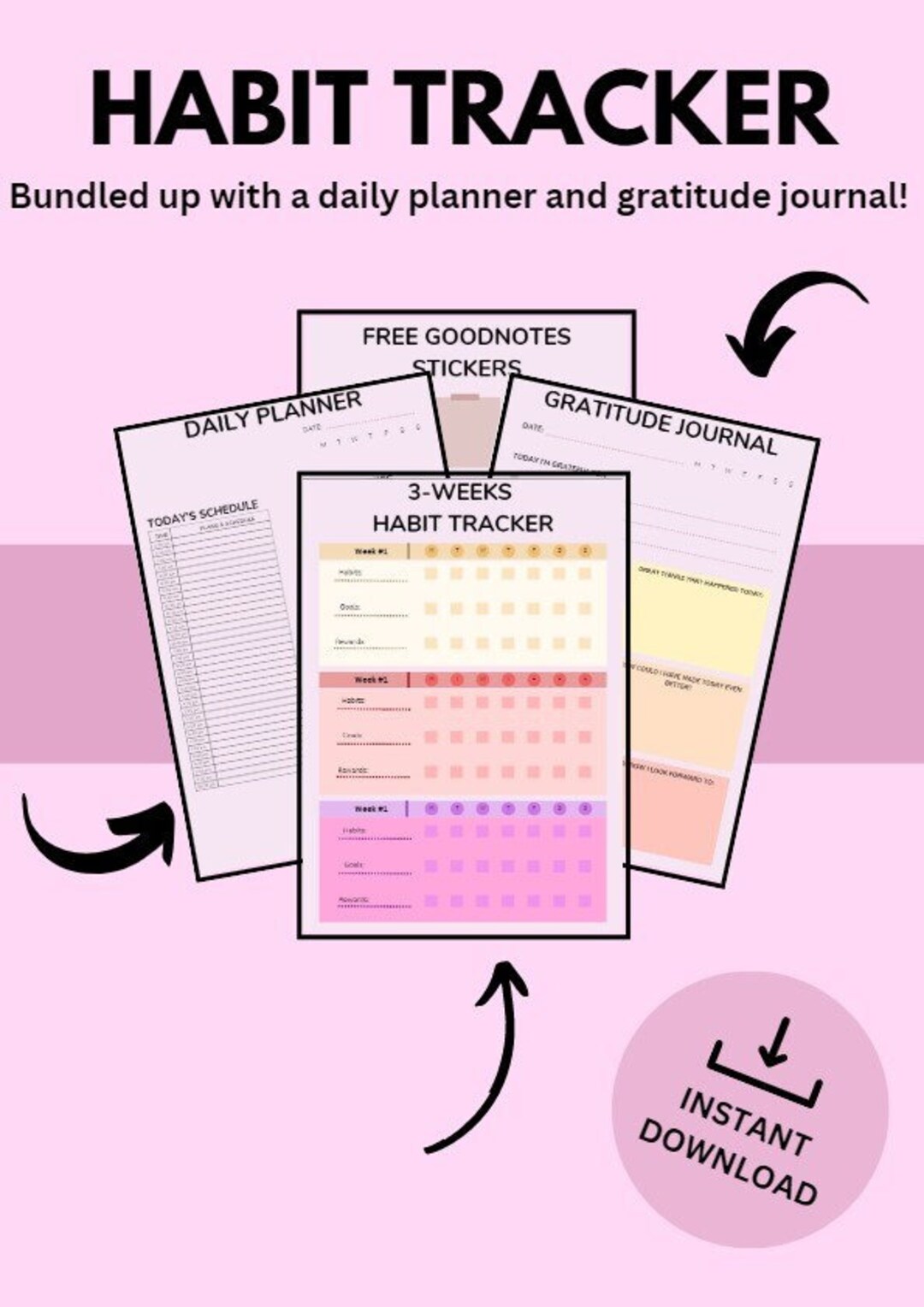 Printable Habit Tracker, Daily Planner, Gratitude Journal, Free Goodnotes Stickers, Self ...