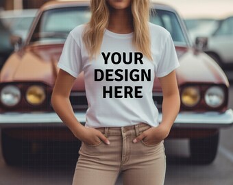 車付きレディースシャツモックアップ、レーシングカーシャツモックアップ、白いTシャツモックアップ、アウトドアモックアップ