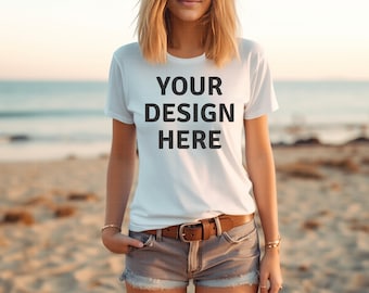 ホワイトのトレンディな女性用ビーチ T シャツ モックアップ ミニマリスト T シャツ モックアップ バンドル テンプレート デジタル ダウンロード