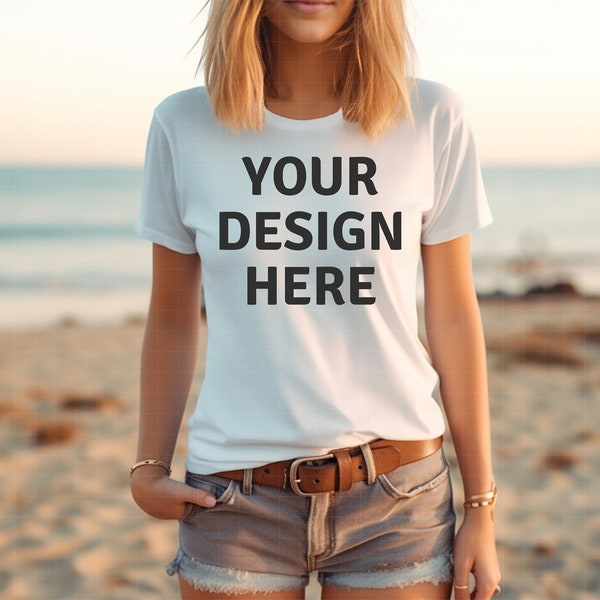 Beach Tshirt Mockup for White Trendy Women Minimalist T Shirt Mock Up Bundle Template Digital Download