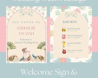 Op de afbeelding: Een Wedding Week Package met een welkomstbord en een menukaart. Het welkomstbord heeft tekst in een scriptlettertype, met een bloemen- en pauwenontwerp. De menukaart bevat cocktails. De achtergrond is lichtblauw en roze.