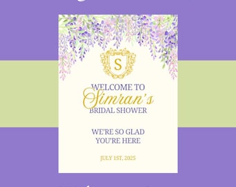 May include: A welcome sign for a bridal shower with a purple floral design and the text "Bridgerton Party", "Welcome to Simran's Bridal Shower", "We're so glad you're here", and "July 1st, 2025".
