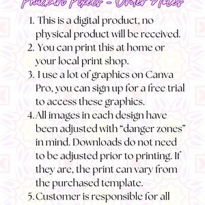 Op de afbeelding: Een witte achtergrond met zwarte tekst die de bestelnotities voor een digitaal product beschrijft. De tekst luidt: "Phulkari Pixels - Bestelnotities 1. Dit is een digitaal product, er wordt geen fysiek product geleverd. 2. Je kunt dit thuis of bij je lokale printshop afdrukken. 3. Ik gebruik veel afbeeldingen op Canva Pro, je kunt je aanmelden voor een gratis proefversie om toegang te krijgen tot deze afbeeldingen. 4. Alle afbeeldingen in elk ontwerp zijn aangepast met "gevaarzones" in gedachten. Downloads hoeven niet te worden aangepast voor het afdrukken. Als ze worden aangepast, kan de afdruk afwijken van het gekochte sjabloon. 5. De klant is verantwoordelijk voor alle bewerkingen. 6. De grootte van het product is zoals het is."