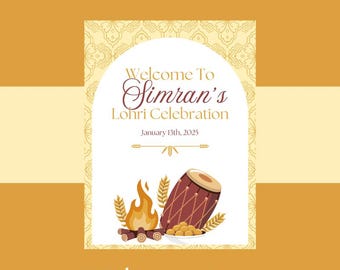 Op de afbeelding: Een welkomstbord voor Simrans Lohri-viering op 13 januari 2025. Het bord toont een traditionele Indiase trommel, een kampvuur en tarwehalmen. De achtergrond is een geel en wit patroon.