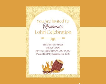 Op de afbeelding: Een gele en witte uitnodigingskaart voor een Lohri-viering. De kaart heeft een decoratieve rand, een kampvuur, een trommel en de tekst "You Are Invited To Simran's Lohri Celebration".