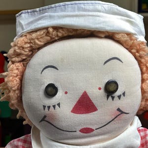 Vintage 18-Inch Georgene Raggedy Andy Doll – Original Outfit, Tin Eyes, 1940s Cloth Doll, Very Good Condition