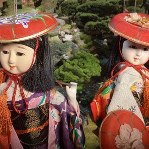 Set of Japanese Geisha Sisters - Matching Black Stands - 9 inch