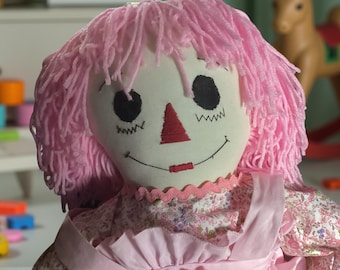 Muñeca Raggedy Ann rosa vintage de 89 cm (35 pulgadas) – Muñeca de tela hecha a mano, en perfecto estado