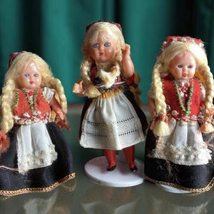 Set of 3 Vintage 1970s German Folk Costume Celluloid Dolls – 5” and 4” Blonde Dolls in Traditional Dress