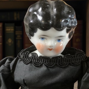 Antique 10 - inch China Head Doll in Elegant Black Gown