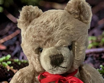 Vintage mohair teddybeer uit de jaren 70: beweegbare tweekleurige pluche beer van blond en bruin (40 cm)