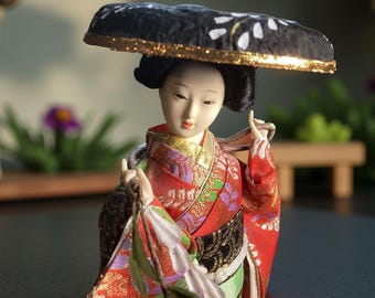 Poupée Kimono Japonaise Geisha Rouge – Figurine Traditionnelle En Bois, Ornement Culturel Japonais Authentique 11,5 Cm