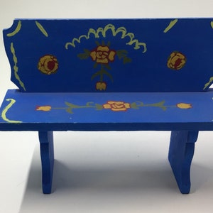 Handmade Doll House Bench Painted Blue with Flowers
