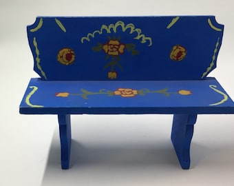 Handmade Doll House Bench Painted Blue with Flowers