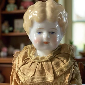 Antique Blonde China Doll – 12” – Late 1800s – Cloth & Kid Leather Body – Original Brown Dress – Bisque Hands – Blue Eyes – Victorian Era
