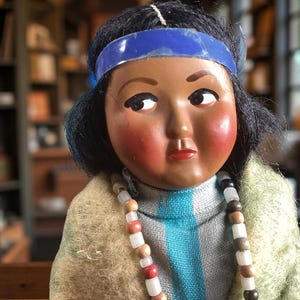 Vintage 1940s Bully Goods Skookums Indian Doll – 7inch Child Doll – Colorful Outfit - Beaded Necklace