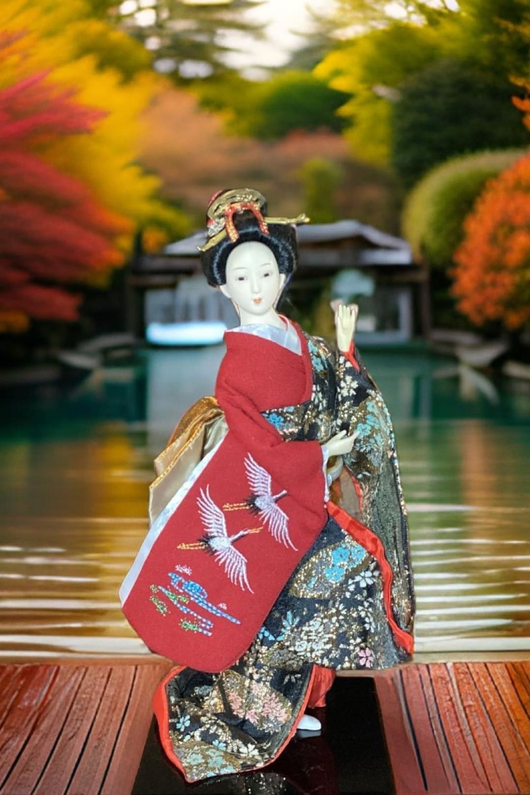 日本の芸者人形：11インチの赤い着物、鶴のデザイン - Etsy 日本