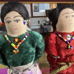 Vintage 1970s Handmade Cloth Indian Dolls – 8” Couple – Traditional Outfits, Glass Beads, Hand-Painted