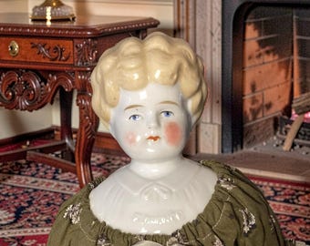 Antique Blonde China Doll 15 Inch, Victorian Low Brow China Head Doll, German Cloth Body Doll, Florence China Doll, Antique Doll Collection