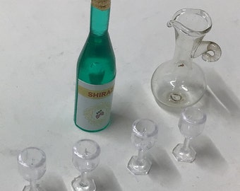 Miniature Doll House - Wine Bottles, Wine Glasses & Pitcher