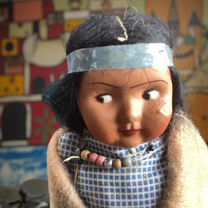 Vintage 1940s Bully Goods Skookums Indian Doll – 7inch Girl Doll – Blue Headband - Beaded Necklace