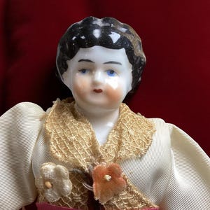 Antique  9.5 inch China Head Doll in Embroidered White Gown