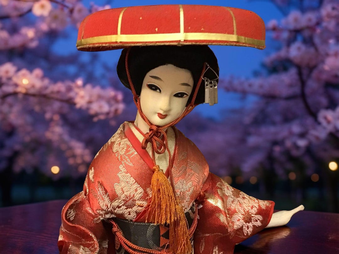 Vintage Japanese Hat Geisha Doll – 17” Silk Figure With Multiple