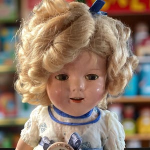 Vintage 15-Inch Composition Shirley Temple Doll by Ideal – Blue & White Dress – Original Box – 1930s Classic
