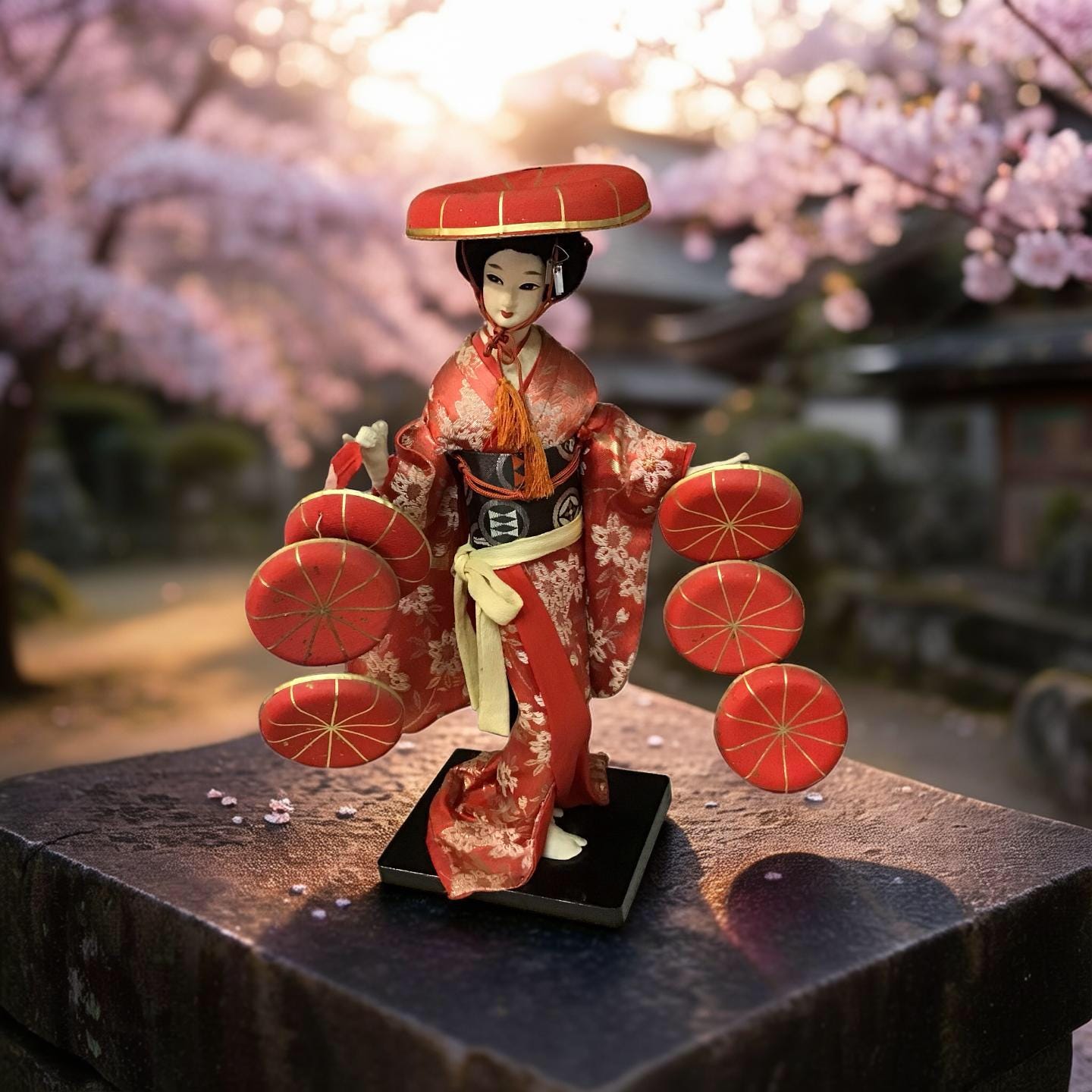 Vintage Japanese Hat Geisha Doll – 17” Silk Figure With Multiple