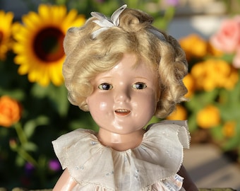 Bambola Shirley Temple Ideal vintage anni '40 da 17 pollici con abito originale con etichetta e spilla