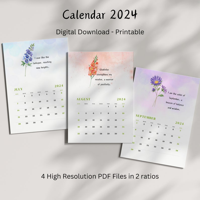 2024 Calendar Printable Desk Calendar Monthly 2024 Watercolor Floral