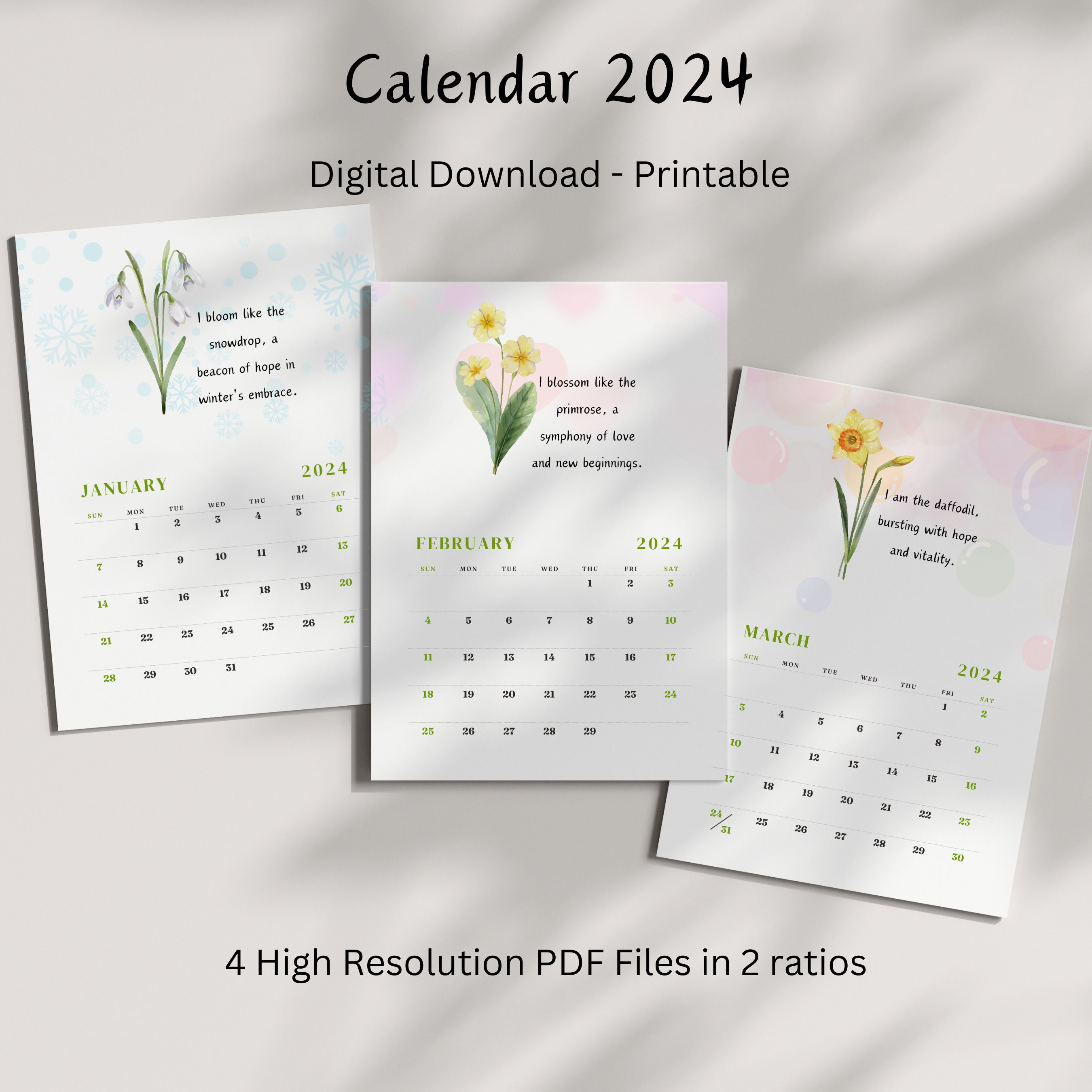 Floral Calendar Printable 2024 Desk Calendar Monthly 2024 Watercolor ...