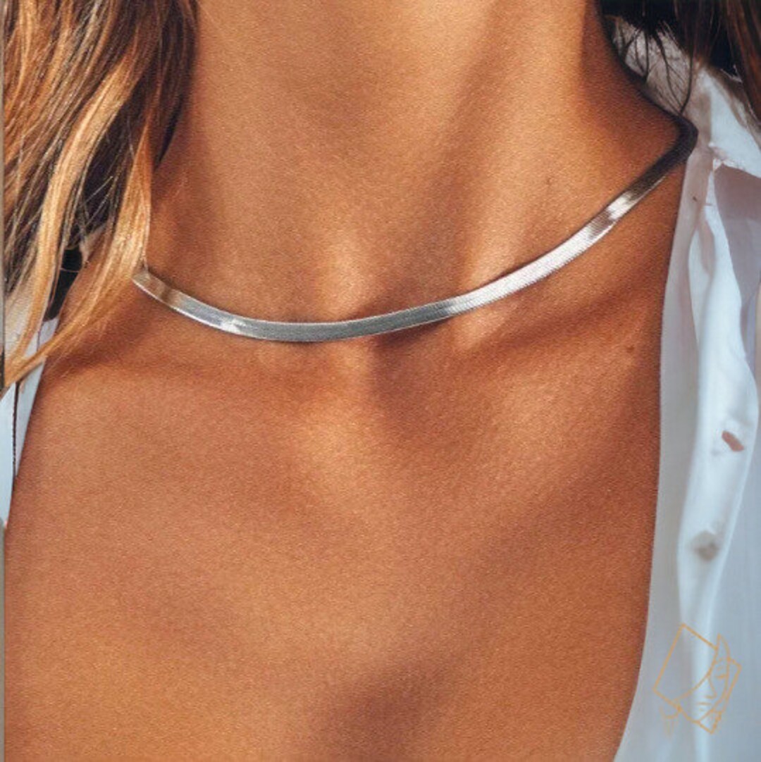Silver Snake Chain Choker Necklace, Minimalist Flat Silver Snake Chain
