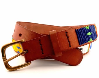 Cinturón de cuero original para hombre/mujer Kenya Masai, hecho a mano con decoración de pedrería, piezas únicas hechas a mano