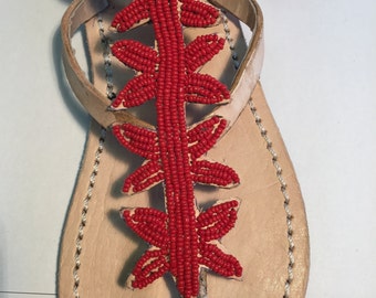 Chanclas de mujer Kenya Masai originales en piel, hechas a mano, decoración con pedrería, piezas únicas hechas a mano, Modelo Stella