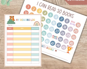 May include: A printable reading log and a 50-book reading tracker chart. The log features a bear, a rainbow, and columns for date, book, and minutes. The tracker has numbered circles from 1 to 50, with text reading I CAN READ 50 BOOKS.