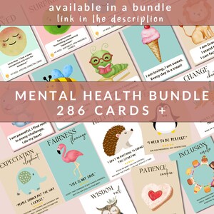 May include: A set of 286 mental health affirmation cards featuring colourful illustrations of animals and objects. The cards are designed to help people cope with stress, anxiety, and other mental health challenges. The cards are available in a bundle and the link to purchase is in the description.