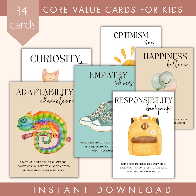 Value Cards Psychology Acceptance and Commitment Therapy For Kids Social Emotional Learning School Counselor Tool Mental Wellness ACT Values