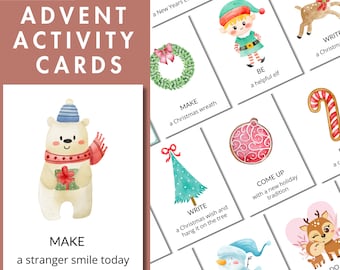 May include: A set of 36 advent activity cards featuring watercolor illustrations of holiday characters like a polar bear, elf, and reindeer. Each card includes text prompts such as MAKE a stranger smile today, BE a helpful elf, and WRITE a Christmas wish.