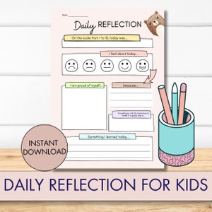 Puede incluir: Una hoja de trabajo de reflexión diaria imprimible para niños con un fondo rosa y un oso de dibujos animados en la esquina superior derecha. La hoja de trabajo incluye indicaciones para que los niños reflexionen sobre su día, incluyendo cómo se sienten, de qué están orgullosos y qué han aprendido.