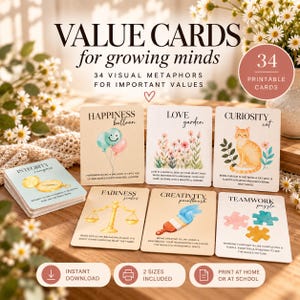 May include: A set of 34 printable value cards for growing minds featuring visual metaphors. Individual cards display illustrations of a compass, balloons, flowers, a cat, scales, a paintbrush, and puzzle pieces with descriptive text for each concept.