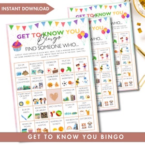 Trouvez quelqu'un qui joue au bingo pour apprendre à vous connaître Jeu de bingo pour enfants Jeu de bingo pour la famille Bingo pour salle de classe Bingo brise-glace Mingle Bingo Cartes de bingo Bingo à imprimer
