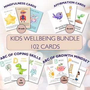 Paquete de bienestar para niños Tarjeta de atención plena para niños Tarjeta de afirmación para niños Habilidades de afrontamiento Estrategias Tarjetas ABC de mentalidad de crecimiento Bienestar mental para niños