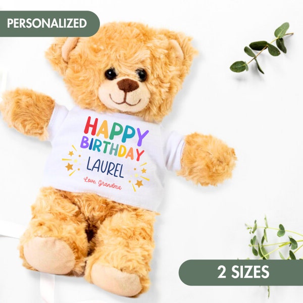Happy Birthday Gift Custom Bear Stuffed Animal Teddy Bear Plush Toy Happy Birthday Kid Girl Personalized Bear Tshirt Gift for Granddaughter