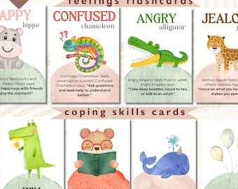 May include: A set of 64 illustrated flashcards for emotional regulation and coping skills. The cards feature colourful animals with text describing different emotions and coping mechanisms. The emotions include happy, confused, angry, and jealous. The coping skills include smiling, reading a book, breathing, and blowing bubbles.