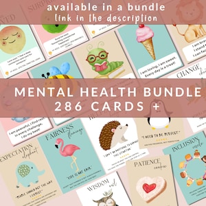 May include: A set of 286 mental health affirmation cards featuring colourful illustrations of animals and objects. The cards are designed to help people cope with stress, anxiety, and other mental health challenges. The cards are available in a bundle and the link to purchase is in the description.